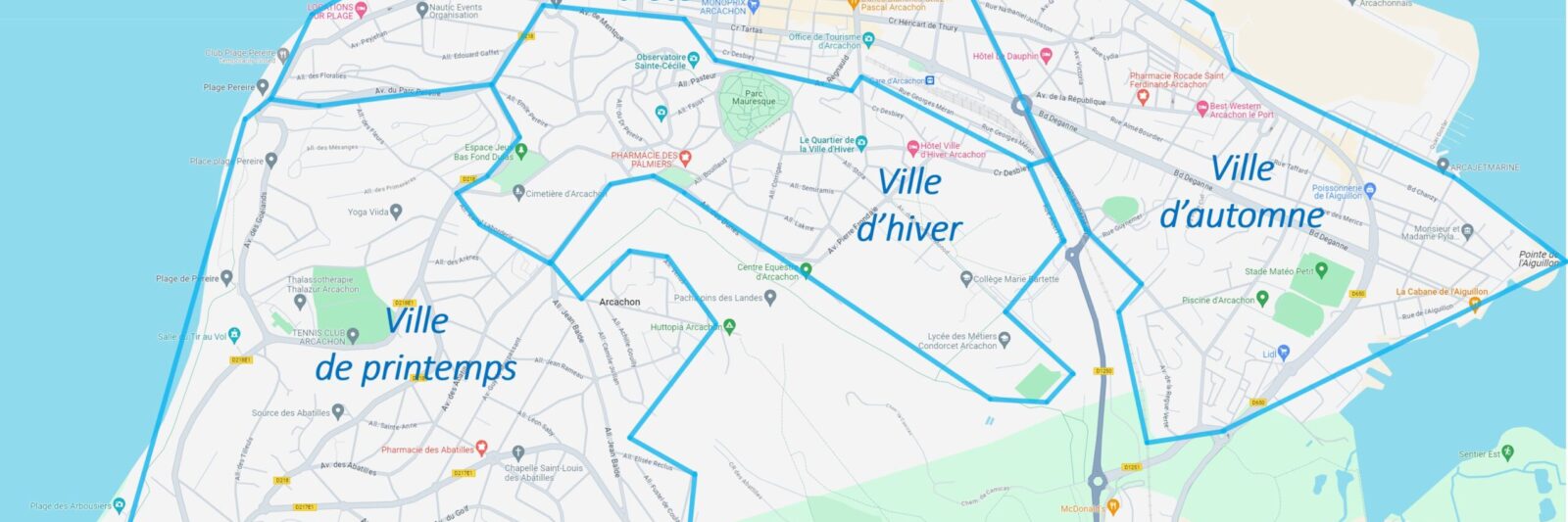 Une carte des 4 villes d'Arcachon