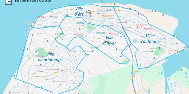 Une carte des 4 villes d'Arcachon