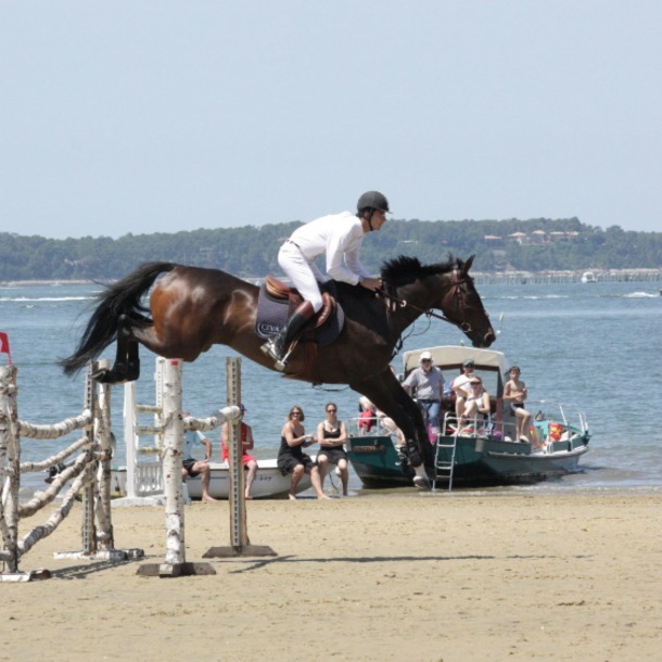Un cavalier sur la plage d'Arcachon lors du jumping des sables